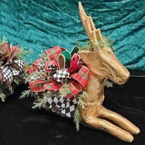 Holiday Christmas Paper Mache Deer Centerpiece, Rustic‎ Glam Green Velvet Ribbon